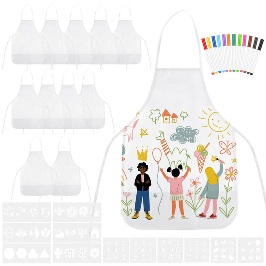 Morcheiong 36Pcs DIY Kid Aprons Set Kids Painting Aprons with Colored Pen and Crafts Template for Handmade Craftsmanship Art Painting